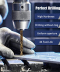 Cobalt drill bit in drill chuck drilling metal; gloved hands guide the workpiece.