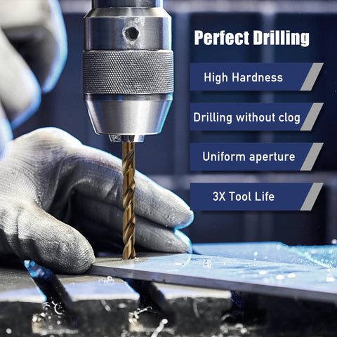 Cobalt drill bit in drill chuck drilling metal; gloved hands guide the workpiece.