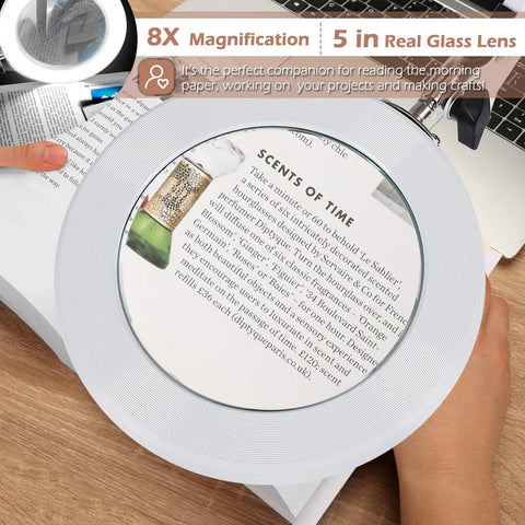 8x Magnifying Glass With Light For Close Work 5 Inch Real Glass Lens Desk Magnifier With Clamp LED Illumination in use.