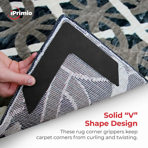 Hands showing V Shape Rug Corner Grippers 4 Pack for Indoor and Outdoor Rugs with easy install on patterned carpet.