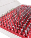 Pin Gage Set With Storage Case In Bearing Steel For Measuring Holes, 190 Pieces Ranging 0.061 To 0.250 Inches, Pro Grade High Precision 0.0002 Inch Tolerance, Each Gauge Two Inches Long, in red case