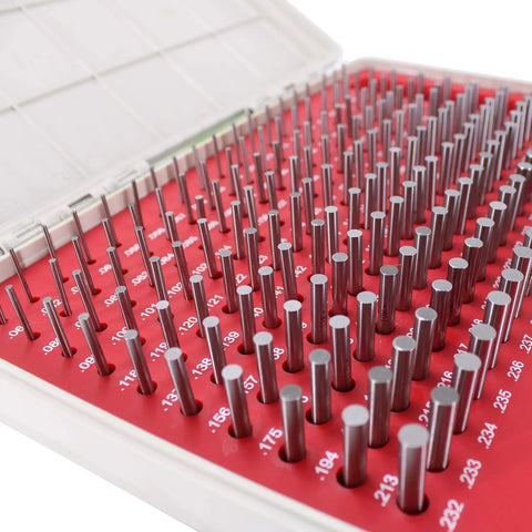 Pin Gage Set With Storage Case In Bearing Steel For Measuring Holes, 190 Pieces Ranging 0.061 To 0.250 Inches, Pro Grade High Precision 0.0002 Inch Tolerance, Each Gauge Two Inches Long, in red case