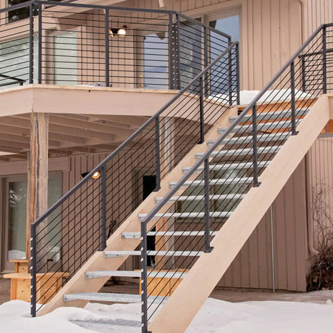 Heavy Duty 200Ft Black Vinyl Coated Wire Rope 3/16 Inch Thick Aircraft Cable for Deck Railing in outdoor stair setting.