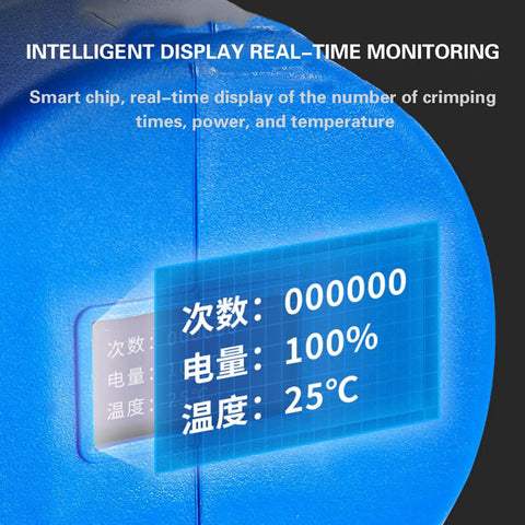 LED display on Cordless Hydraulic Cable Cutter With LED Display And Battery shows crimp count, power, and temperature.