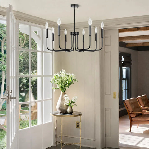 Killer 8 Light Black Chandelier With Dang Sharp Matte Finish For Farmhouse Dining Room And Kitchen Island, adjustable height in modern setting.