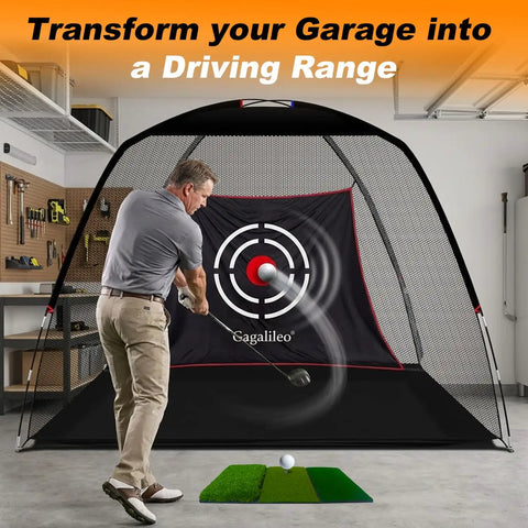 Man practicing golf swing with Portable Golf Target Cloth Net With Easy Setup For Indoor And Outdoor Practice 7.9x5x4.3 Ft
