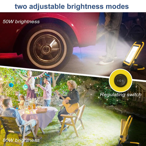Dual 50W And 80W LED Work Light with 108 LED beads showing two brightness modes in night setting with regulating switch