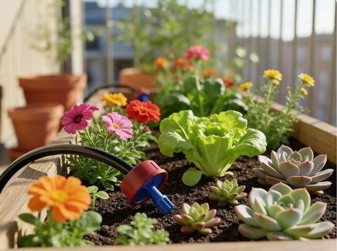 50 Pack 0.5 GPH Pressure Compensating Drippers For Garden Irrigation System watering a variety of plants in a planter