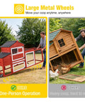 Mobile Chicken Coop On Wheels For Four To Six Chickens With Run And Two Nesting Boxes Backyard Expandable Chicken House For Ducks Easy Clean Pull Out Tray Leak Resistant Asphalt Roof 82.4 Inch Red shown with large metal wheels and easy one-person operation; comparison with a heavier coop being lifted by a man on the right.