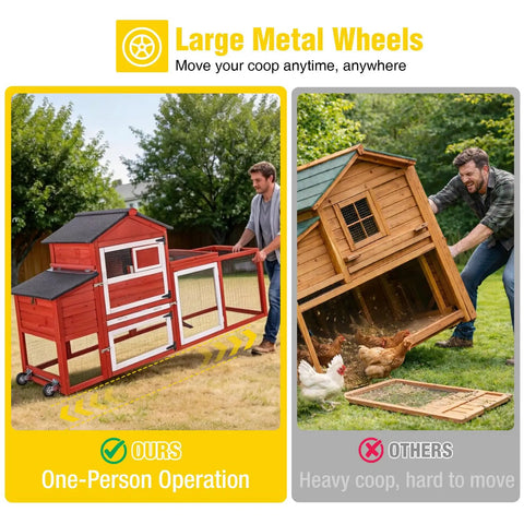 Mobile Chicken Coop On Wheels For Four To Six Chickens With Run And Two Nesting Boxes Backyard Expandable Chicken House For Ducks Easy Clean Pull Out Tray Leak Resistant Asphalt Roof 82.4 Inch Red shown with large metal wheels and easy one-person operation; comparison with a heavier coop being lifted by a man on the right.