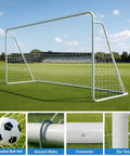 12x6 Ft Foldable Steel Backyard Soccer Goal With Weatherproof Net Perfect For Teens And Adults Practice Drills Easy Setup Portable Training Goal Set Includes 6 Training Cones, shown assembled on grass field with details of net and connectors.