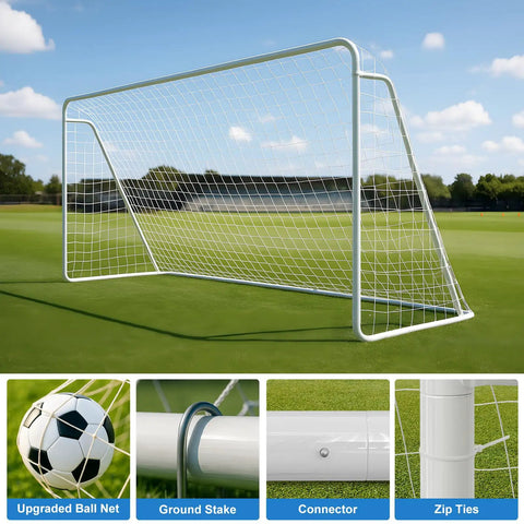 12x6 Ft Foldable Steel Backyard Soccer Goal With Weatherproof Net Perfect For Teens And Adults Practice Drills Easy Setup Portable Training Goal Set Includes 6 Training Cones, shown assembled on grass field with details of net and connectors.