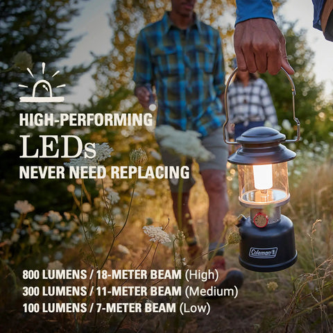 Person holding Beast Bright 800 Lumen LED Lantern With USB Charging Ports, Rugged Carabiner Handle, in a field at dusk.