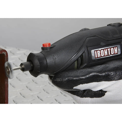 Handheld rotary tool in use for sanding on wood, part of Pro Grade 107 Piece Rotary Multitool Kit With 35000 RPM Variable Speed Dial.