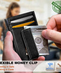 Hands holding Magnetic Closure Slim Leather Front Pocket Wallet For Men With RFID Blocking That Holds 12 Cards And A Cash Clip