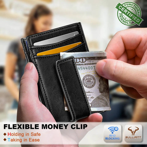 Hands holding Magnetic Closure Slim Leather Front Pocket Wallet For Men With RFID Blocking That Holds 12 Cards And A Cash Clip