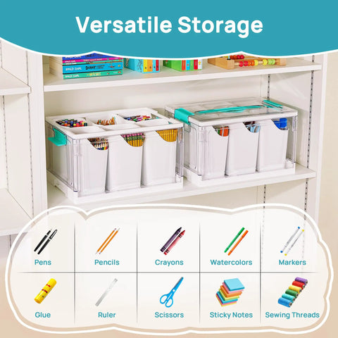 24 Quart Clear Plastic Craft Organizer With Six Detachable Inserts For Art Supplies And Tools on a white shelf