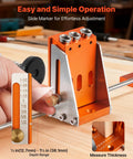 Pocket Hole Jig Kit Adjustable From Half Inch To One And A Half Inch With Case Pro Grade C Clamp Step Drill Hex Wrench Drill Stop Ring Square Drive Bit Reinforced Metal Frame For Woodworking showing depth adjustment settings.