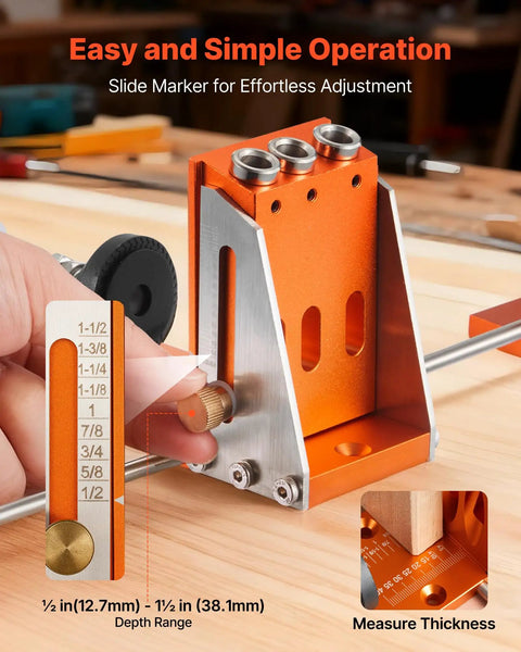 Pocket Hole Jig Kit Adjustable From Half Inch To One And A Half Inch With Case Pro Grade C Clamp Step Drill Hex Wrench Drill Stop Ring Square Drive Bit Reinforced Metal Frame For Woodworking showing depth adjustment settings.