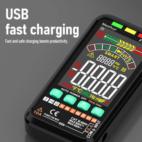 Display of Rechargeable Digital Multimeter With Auto Ranging And Non Contact Voltage Detection TRMS 6000 Counts