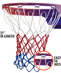 Heavy Duty Basketball Net Replacement For Indoor Or Outdoor Rims All Weather Anti Whip Standard Size With 12 Loops Red White And Blue Colorway Court Ready Gear For Everyday Pickup Games installed on hoop