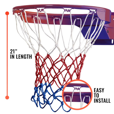 Heavy Duty Basketball Net Replacement For Indoor Or Outdoor Rims All Weather Anti Whip Standard Size With 12 Loops Red White And Blue Colorway Court Ready Gear For Everyday Pickup Games installed on hoop