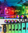 Six Pack RGBW Outdoor LED Spotlights With Remote Control For Color Changing Landscape Lighting In Home Garden Yard 120V US Plug 16 Colors 4 Modes Dimmable Brightness Memory Function showcasing color effects on building