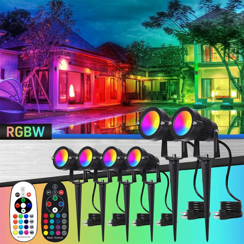 Six Pack RGBW Outdoor LED Spotlights With Remote Control For Color Changing Landscape Lighting In Home Garden Yard 120V US Plug 16 Colors 4 Modes Dimmable Brightness Memory Function showcasing color effects on building