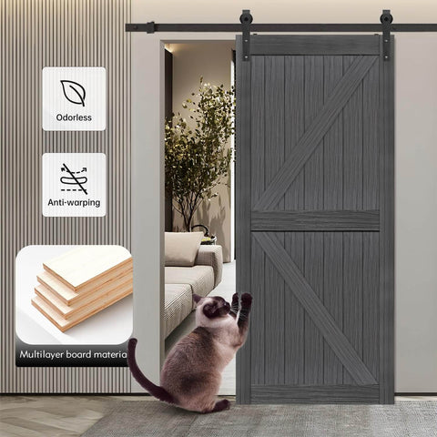 Deep Gray MDF Barn Door With British Brace Knotty Style, 48 By 84 Inches, shown in a modern interior with sliding hardware kit.