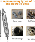 Damaged Screw Extractor Set Six Piece HSS Drill Bit Tools for Easy Removal of Stripped Rusty Screws and Bolts shown with examples