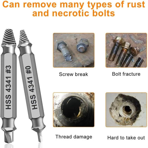 Damaged Screw Extractor Set Six Piece HSS Drill Bit Tools for Easy Removal of Stripped Rusty Screws and Bolts shown with examples