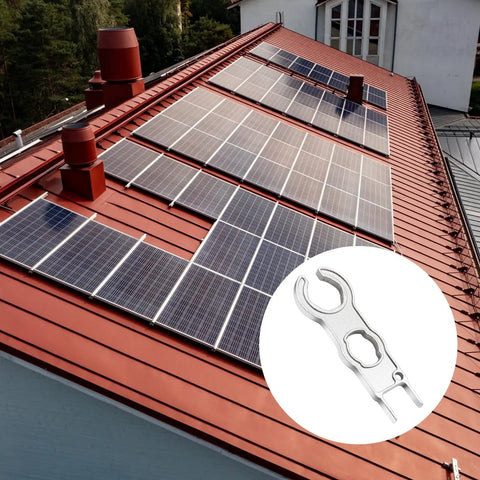 Solar-paneled rooftop with inset of Multifunction Solar Spanner Wrench For MC4 Connectors, 1 Pair Pro-Grade Solar Panel Connector Tool Set