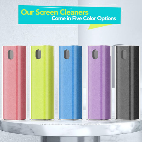 2 Pcs All In One Fingerprint Proof Screen Cleaner 3 In 1 Touchscreen Mist Spray Wipe Kit in five colors on table