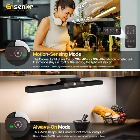 Rechargeable Motion Sensor Light Bar With 2000mAh Battery Dimmable Wireless Under Cabinet Lighting shown installed in kitchen