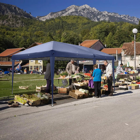 Ten By Twenty Foot Pop Up Canopy Tent With Six Sidewalls Blue Outdoor Gazebo For Patio Events Easy One Or Two Person Setup In Minutes Includes Carry Bag Premium Commercial Grade Party Shelter in a market setting.