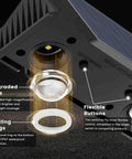 Close-up of upgraded lens and buttons of Level Up Your Backyard With Badass Multicolor Solar Fence Lights That Bring Sick Lighting Vibes And Weather Resistant IP67 Design For Patios Porches Gardens And Garages Featuring Dusk To Dawn Sensor Six Pack.