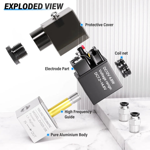 Exploded view of 12V 1/4 Inch NPT Electric Solenoid Air Valve, 2 Way Normally Closed, showing components like coil, electrode, and housing.