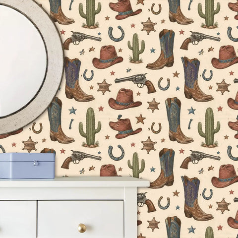 Vintage Wild West Peel and Stick Wallpaper Self Adhesive for Rustic Barn Decor featuring cowboy hats, boots, guns, and cacti.