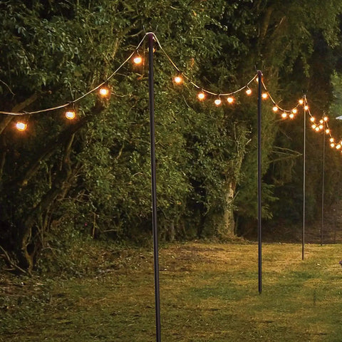 Two Pack 11 Foot Rust Proof Steel String Light Poles With Heavy Duty Stands And Five Prong Stabilizers for yard lights