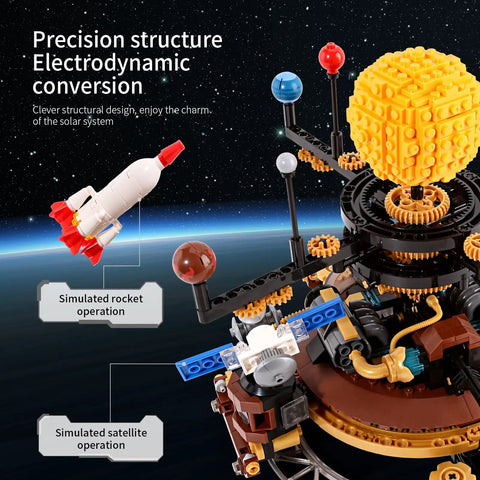 Mechanical Solar System Orrery Kit With 946 Pieces Rotating Planets Gear Driven Model No Batteries Needed Educational STEM Astronomy Toy For Kids Ages 8 Through 14 Includes Rocket Set Compatible With Space Themed Building Sets, close-up