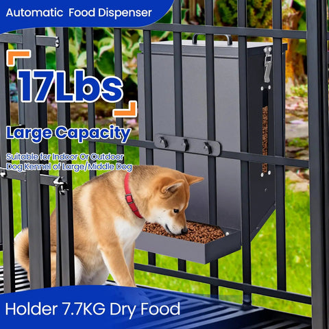 Real Deal Automatic Dog Feeder Hanging Pet Cage Food Dispenser Holds 17 Pounds For Big Packs And Multi Pet Homes Quick Setup Gravity Bowls For Easy Daily Grind with a dog eating dry kibble.