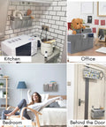 Two Pack Large Wall Hanging Organizer With Three Pockets Linen Fabric Door Hanging Storage Baskets Waterproof for Kitchen Bedroom Office And RV Camper Gray shown in use in various rooms.