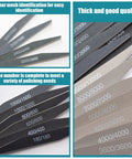 20-piece sanding sticks for plastic models; assorted grits with dual-angle shapes; collage of front and close-up views.