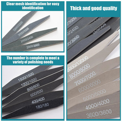 20-piece sanding sticks for plastic models; assorted grits with dual-angle shapes; collage of front and close-up views.