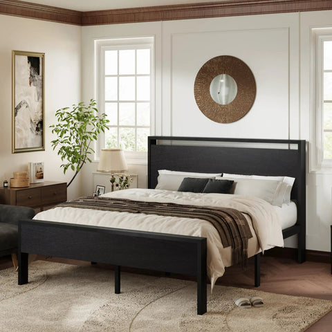 Built Like A Tank Queen Size Bed Frame Featuring Heavy Duty Steel Slats Black Oak Rustic Headboard Footboard 800 Pound Capacity Zero Squeak Platform Base in bright bedroom setting.