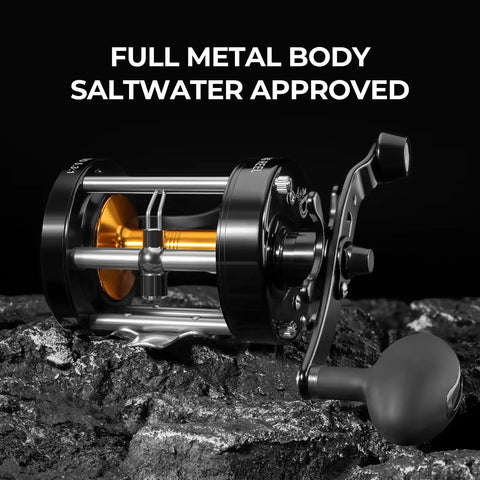 Rover Round Baitcasting Reel For Right Handed Fishing, Heavy Duty Aluminum Side Plates, CNC Spool on rocky surface