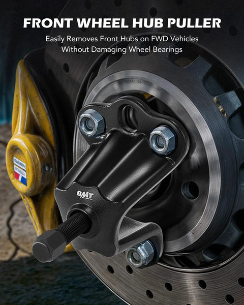 Orion Motor Tech front wheel hub puller flange-type tool with 5/8 inch forcing bolt mounted on brake hub