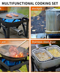 Dual Burner Propane Camping Stove With 200,000 BTU Beast Power used for cooking with wok, stockpot, iron pot, and fryer.