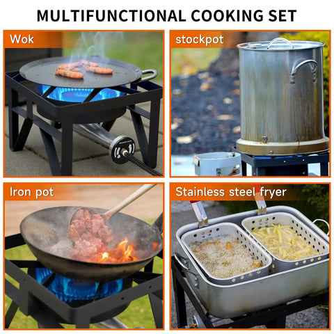 Dual Burner Propane Camping Stove With 200,000 BTU Beast Power used for cooking with wok, stockpot, iron pot, and fryer.