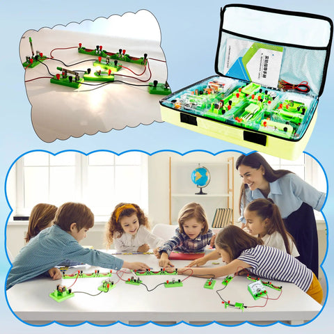 Awesome Hands On Electricity And Magnetism Science Kit For Kids And Students Basic Circuit Learning Starter STEM Set Elementary Electronics Labs Fun Educational Toy For Home And Classrooms Portable Bag Included displayed with students using the kit in a classroom setting